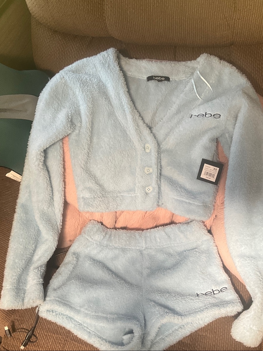 bebe Light Blue Fuzzy Cropped Cardigan and Shorts Set